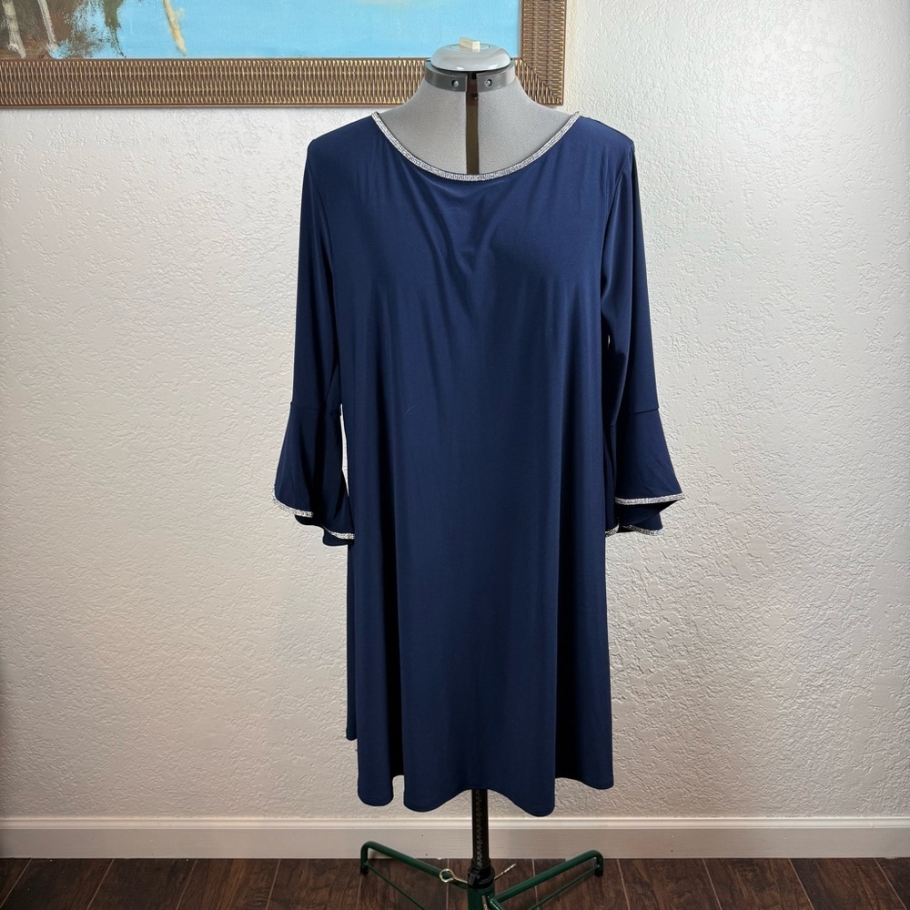 Naif Navy Blue Rhinestone Trim Bell Sleeve Shift Dress Large Cocktail